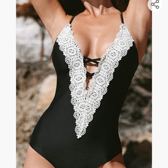 Misty Pearl Other - Misty Pearl Black One-Piece Swimsuit with White Lace Plunge